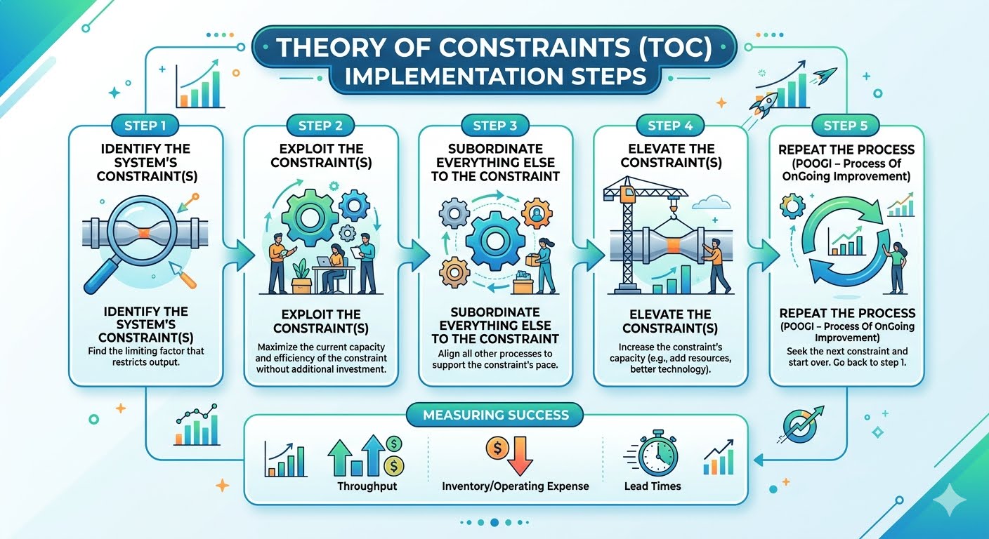 Infographic illustrating the steps to implement the Theory of Constraints